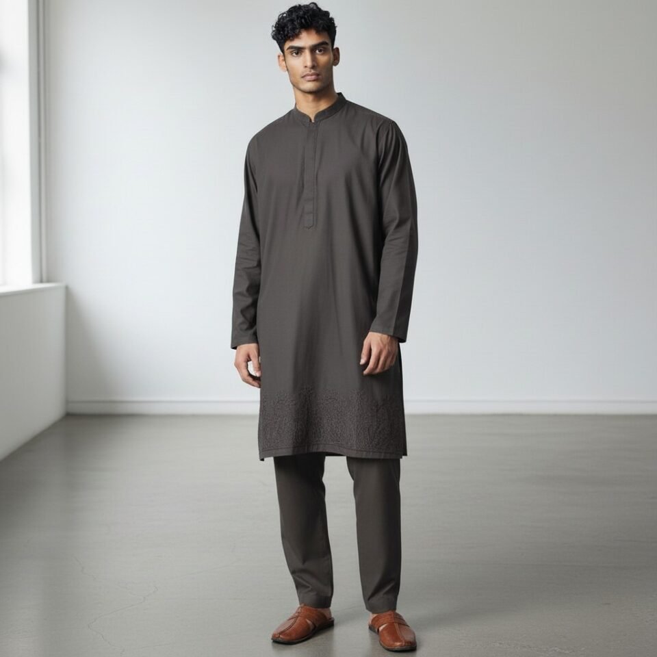 Charcoal Border Embroidered Kurta Trouser
